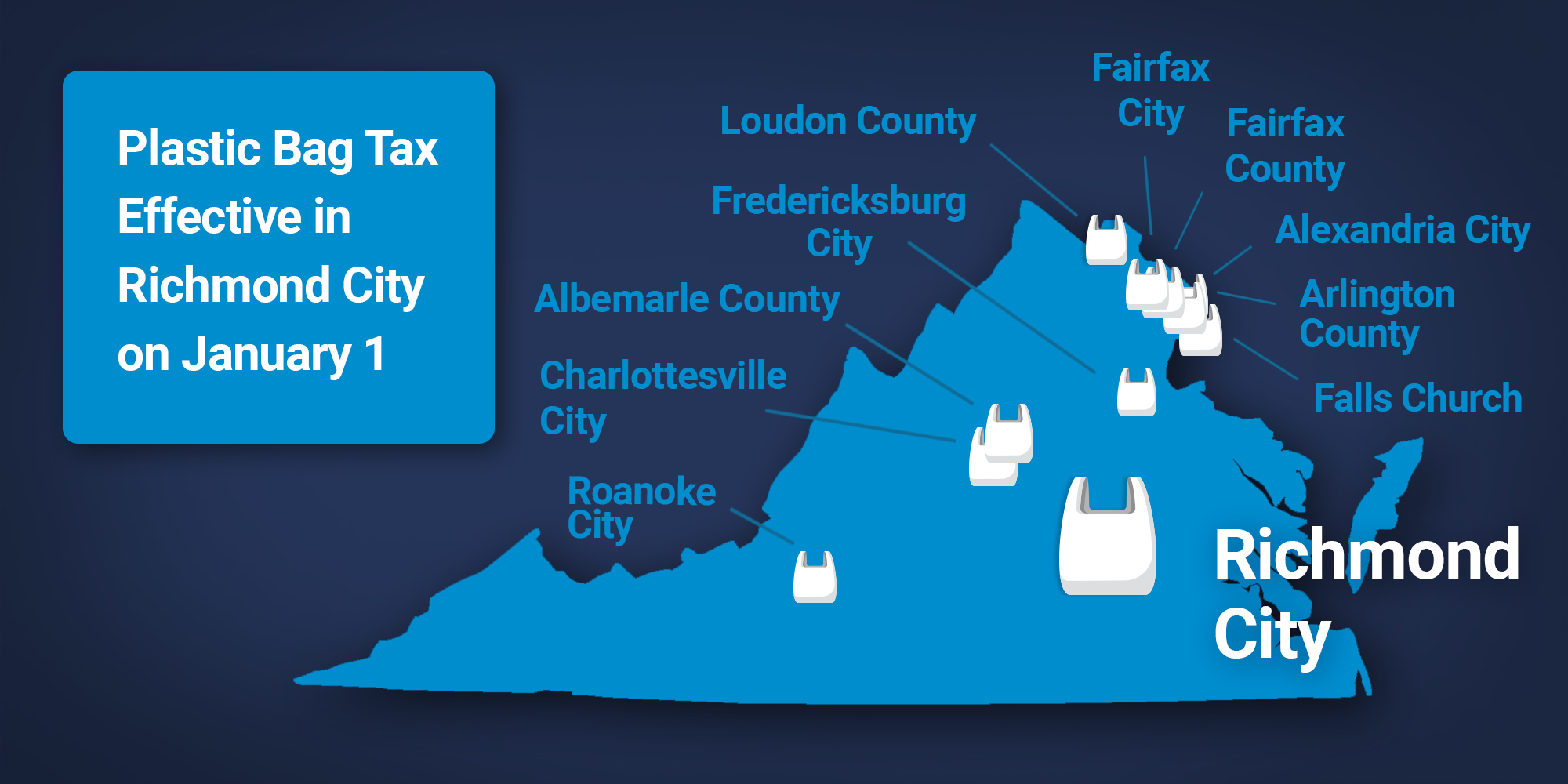 Virginia ካርታ የቦርሳ ታክስ ያለበትን የገበያ ቦርሳ ያሳያል